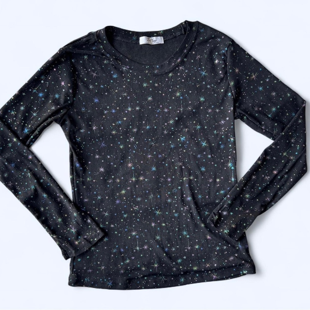 Zi Ying Womens Black Fairycore Sheer Celestial Star Design Long Sleeve Top Small